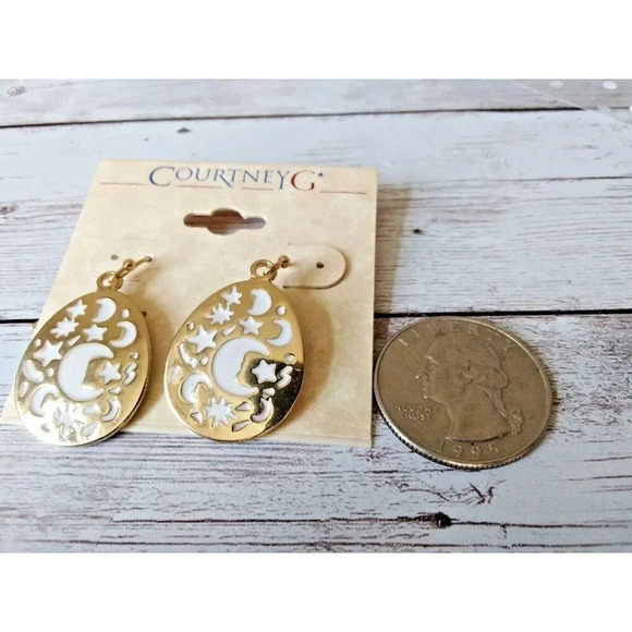 Gold Tone Teardrop Earrings with Moon and Star Cutouts - Picture 2 of 4